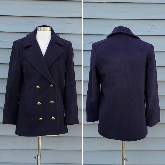 Vintage 80s Union Made Mackintosh Navy Blue Wool Cropped Trench Coat Peacoat 8 - Picture 1 of 7